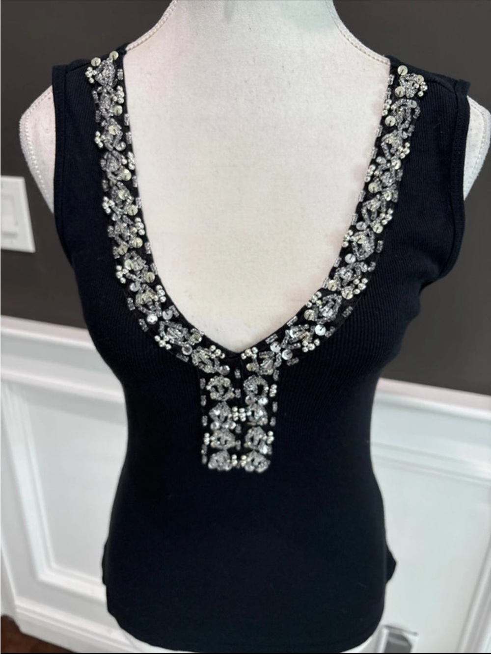 Mossimo Supply Co. Black V-Neck Tank with Silver Crystal Embellishment